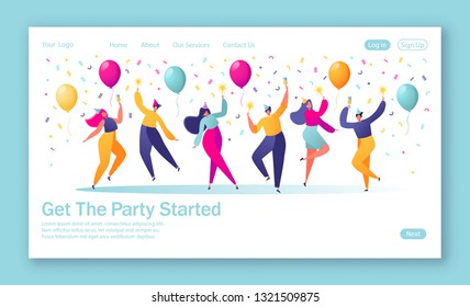 Concept of landing page with group of happy, joyful people celebrating holiday, event. Man and woman characters in holiday cap dancing, with confetti and balloons on the background.