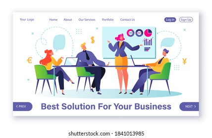 Concept for landing page with man and woman taking part in business meeting, negotiation, brainstorming, talking to each other. People who successfully organize their assignments and appointments