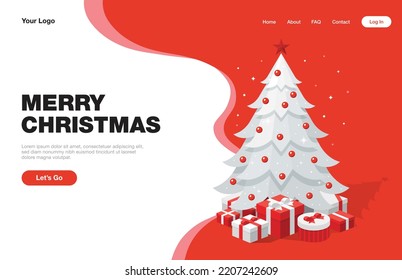 Concept of landing page with Merry Christmas red white template landing page, flat design isometric illustration, vector ui wireframe interface for app web banner infographics hero images layout