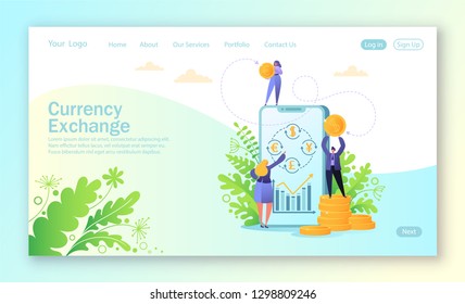 Concept of landing page for mobile website development and web page design. Concept of mobile currency exchange service. Business people changes currency using smartphone. Online banking.