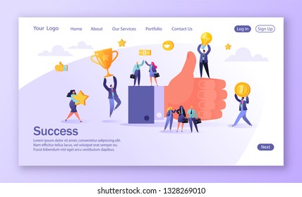 Concepto de página de inicio para desarrollo de sitios web móviles y diseño de páginas web. Concepto de éxito empresarial del trabajo en equipo. Gran mano con el pulgar arriba y alegres personajes planos de la gente. Concepto de logro. 