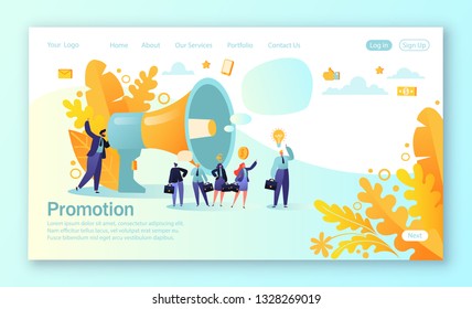 Concept of landing page for mobile website development and web page design. Concept of advertisement, marketing, promotion. Loudspeaker talking to the crowd. Business people listen to the announcement