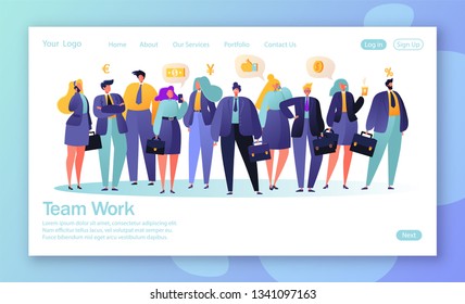 Concept of landing page for mobile website development and web page design. Vector illustration business teamwork concept. People decide business questions, confer. Group of business people.