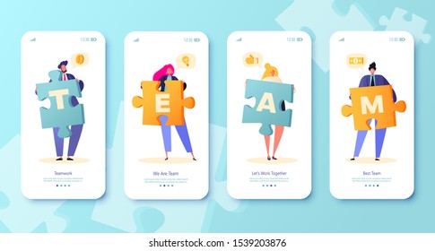 Concept of landing page for mobile website development and web page design. Vector illustration business teamwork concept. Flat people characters with pieces of puzzle. Concept of solution, teamwork.