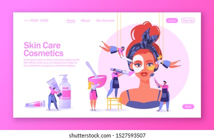 Concept of landing page on beauty salon and care cosmetics theme.  Template for website, web page with little flat people serve a client. Apply mask, put patches under eyes. Mix ingredients for masks.