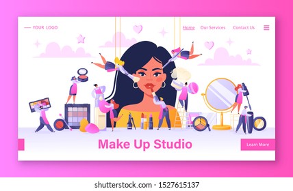 Concept of landing page on beauty salon, service industry, makeup studio theme. Template for website or web page with flat people characters applying decorative cosmetics on a woman's face.