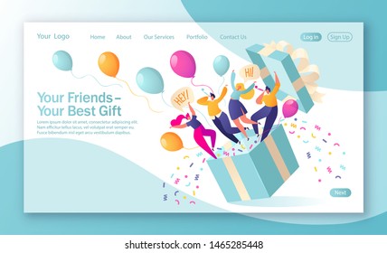 Concept of landing page on birthday celebrations theme. Joyful, flat characters people jump out of the gift box with confetti and balloons. Friends made a surprise. Your best gift is your friends. 