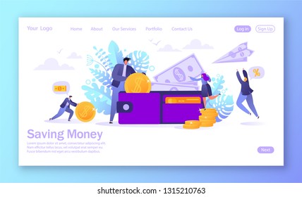 Concept Of Landing Page On Business And Finance, Saving Money Theme. Career, Salary, Earnings Profit. Flat Characters Collecting Money Into The Wallet.Saving Money Concept For Mobilewebsite, Web Page.