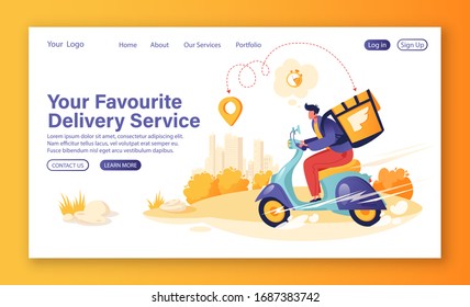 Concept of landing page on delivery service theme. Courier character shipping parcels by scooter. Fast delivery of food, letters, household and personal items. Vector flat cartoon young man.