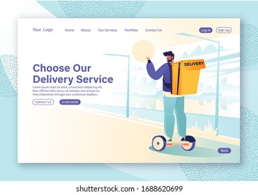 Concept of landing page on delivery service theme and use of alternative transport. Flat vector character in cartoon style showing thumbs up. Man rides to his destination using environmental transport