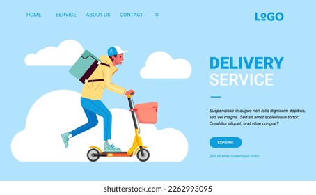 Concept of landing page on delivery service theme Courier character shipping parcels by electric scooter