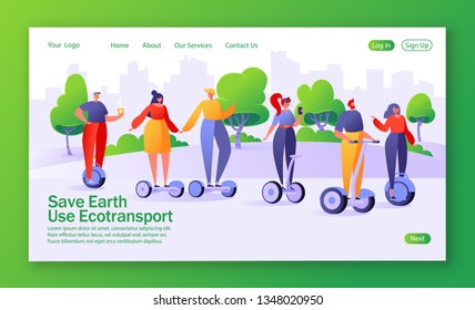 Concept of landing page on ecology theme. Flat design characters of men and women with hoverboards, skateboards. People, men and women riding modern electric scooter, hoverboard. 