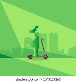 Concept of landing page on ecology theme. Flat design of women. Women riding modern electric scooter. 