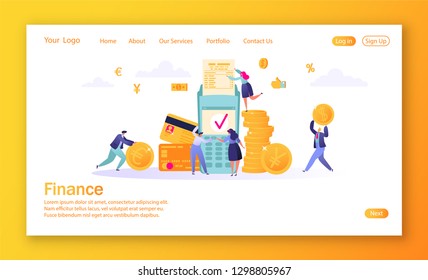Concept of landing page on finance theme. Concept of online banking, money transaction technology. Credit card and payment terminal. Business people pay coins cash.Flat People Characters Making Money.