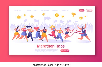 Concept of landing page on healthy lifestyle theme. Active people sports. Flat characters running marathon distance. Crowd of fans on the background rejoices, cheers for them and encourages. 