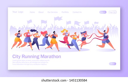 Concept of landing page on healthy lifestyle theme. Active people sports. Flat characters running marathon distance. Crowd of fans on the background rejoices, cheers for them and encourages.