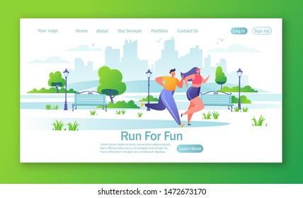 Concept of landing page on healthy lifestyle theme and fitness in the city. Man and woman characters running in the park. Happy active people doing workout outside. Couple running marathon. 