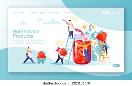 Concept of landing page on homemade products theme. Concept of jam production. Happy flat people character making tasty, handmade organic strawberry jam in a large glass jar. Woman picks strawberries.