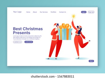 Concept of landing page on New Year and Christmas celebration theme. Template for website or web page with happy fat cartoon characters, man gives girl large gift wrapped in wrapping paper with bow.