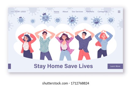 Concept of landing page on Сoronavirus prevention theme. Template for website or web page with people showing roof gesture over their heads. Air around full of angry coronavirus. Flat cartoon vector