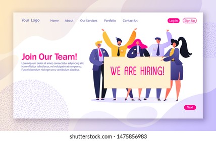 Concept of landing page on recruitment and agency interview theme. Template for website or web page with happy, affable business people holding hiring banner. Characters offer to join their team.