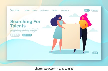 Concept of landing page on recruitment and agency interview theme. Template for website, web page with two wemen holding hiring banner. Characters offer to join their team looking for talented people.