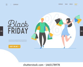 Concept of landing page on shopping theme, Black friday online Sale. Vector illustration for mobile website and web page design. Flat man and woman characters holding shopping 