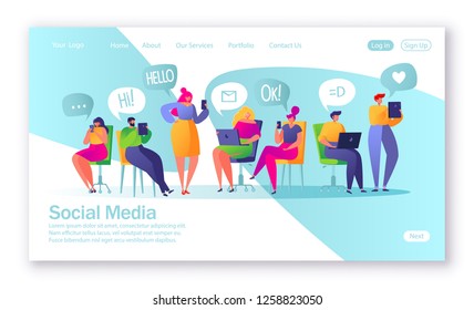 Concept of landing page on social media theme. Vector illustration for mobile website development and web page design. Vector illustration with set of flat people characters chatting in social network