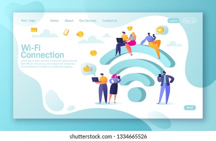 Concept of landing page on social media network theme fnd Wi-Fi connection. People gathered near a big symbol Wi-Fi. Flat people characters chatting in social networks.