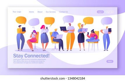 Concept of landing page on social media theme. Vector illustration for mobile website development and web page design. Vector illustration with set of flat people characters chatting in social network