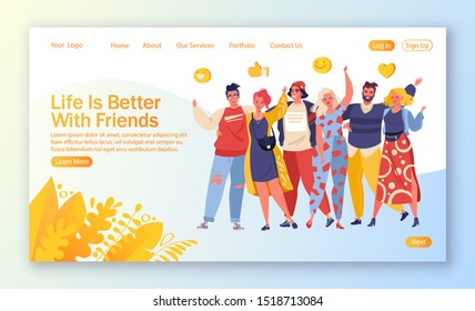 Concept for landing page on strong friendship and mutual support theme. Homepage tamlate with group of smiling, happy, young people standing together, embracing each other, waving hands.