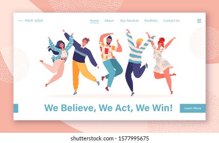 Concept of landing page on success and achievement theme. Template for website or web page with happy, young, joyful jumping people with raised hands. Motivation, teamwork and friendship. 