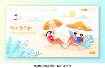 Concept of landing page on summer vacation theme. Outdoor activity and rest on the beach. Couple of characters relaxing on sun loungers and drinking cocktails, sunbathing and enjoy summer vacation.