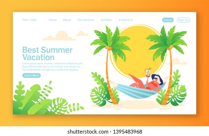 Concept of landing page on summer holiday, vacation theme. Vector illustration for mobile website development and web page design. Woman character resting in a hammock with a cocktail in her hand.