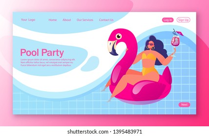 Concept of landing page on summer holiday, vacation theme. Vector illustration for mobile website development and web page design.  Нарpу woman character resting in flamingo swimming circle. 