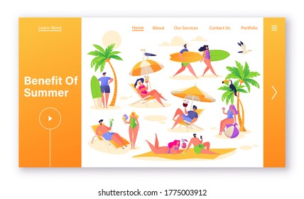 Concept of landing page on summer season, vacation, leisure, outdoor activity, relaxing on the beach. Active characters women and men relaxing on sun loungers and drinking cocktails, sunbathing.