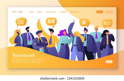 Concept of landing page on teamwork theme. Vector illustration for mobile website development and web page design. Business illustration, teamwork concept. People decide business questions, confer. 