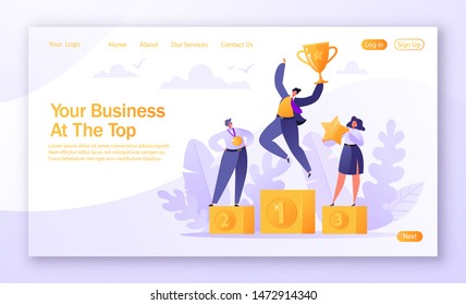 Concept of landing page on teamwork, career, rich goal success achievement theme with successful flat business people characters. Vector illustration for mobile website development and web page design