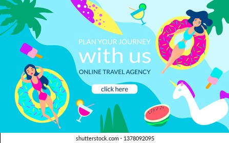 Concept of landing Page on theme of Summer Vacation on Beach - Sea - Ocean. Girls swim on donut, shaped air mattress. Palm trees, unicorn - surfboard - fruit. For mobilewebsite. Vector 