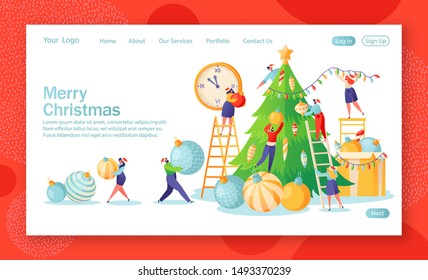 Concept of landing page on theme of preparation for winter holidays. Merry Christmas and New Year website layout with flat people characters that decorate large, beautiful, green Christmas tree.