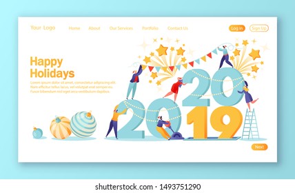 Concept of landing page on theme of preparation for the New Year. Small, flat people characters change numbers 21019 for 2020. Happy people in anticipation of the holiday. Template for web site.
