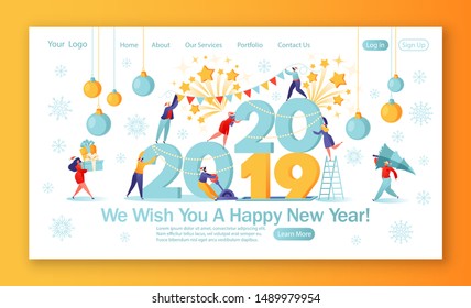 Concept of landing page on winter holidays theme. Small flat people characters preparing for the New Year, thay change numbers 21019 for 2020. Happy people in anticipation of the holiday.