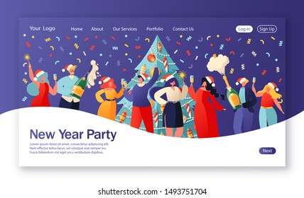 Concept of landing page on winter holidays theme. Website layout with flat people characters celebrating New Year against background of a large beautiful decorated Christmas tree. Party, corporate.