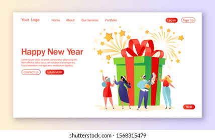 Concept of landing page on winter holidays theme. Tiny flat people characters celebrate New Year near big gift box with big bow. People drink champagne, hold glasses and sparklers in hands. 