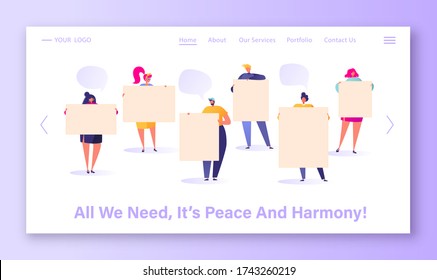 Concept of landing page with protesting people. Characters with placards and signboard on strike or protest, riot, picket, demonstration web page design. Cartoon flat vector illustration.