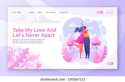 Concept of landing page with romantic vector illustration on love story theme. Happy flat people character embrace and kiss. Happy lover man and woman flirt. Web site template on Valentine Day theme.