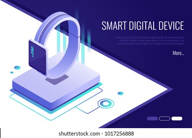 Concept of the landing page for the sale of smart watches. Smart digital device.3d Isometric style Concept of the landing page for the sale of smart watches. Smart digital device.3d Isometric style