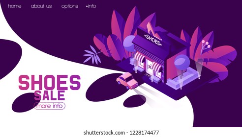Concept of landing page for shoes shop. Fashion isometric illustation in vivid purplr colors. 3d isometry style and various greenery, white space for text.