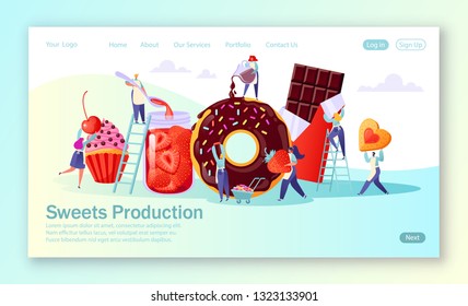 Concept of landing page with sweets food production. Flat people characters making tasty cupcake, chocolate and cookies, handmade organic strawberry jam in a large glass jar, woman pours glaze. 