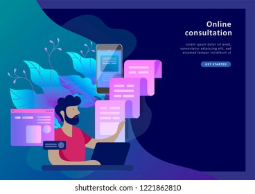 Concept Landing page template customer service, male hotline operator advises client, online global technical support, customer and operator